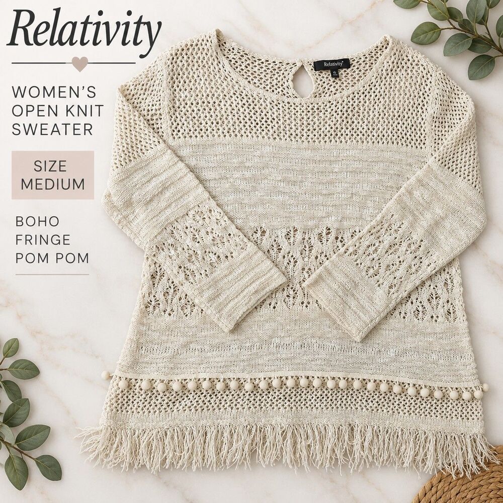 Relativity Women's Ivory Open Knit Fringe Pom Pom Sweater Size Medium Boho